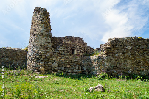 Remains of medieval church of St Theodore Stratelates in fortress Funa. Building was damaged during earthquake. Shot near Alushta, Crimea photo