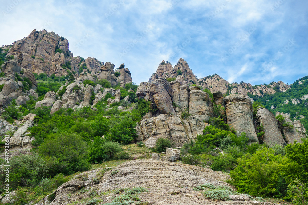 Panorama of mountains in Valley of Ghosts. Strange form of rocks caused by centuries of weathering. Shot near Alushta, Crimea