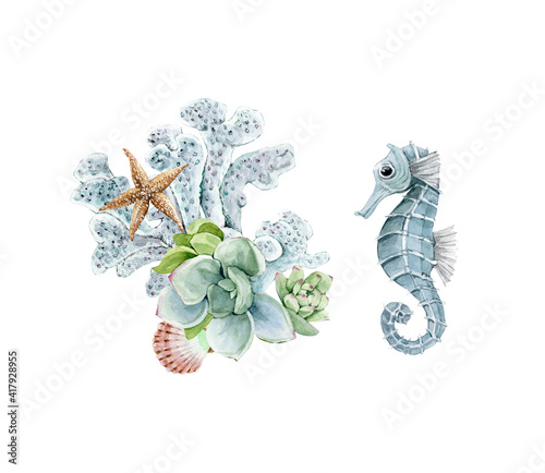 set of watercolor illustrations in nautical style. seahorse and delicate background with a bouquet of flowers of succulents.	