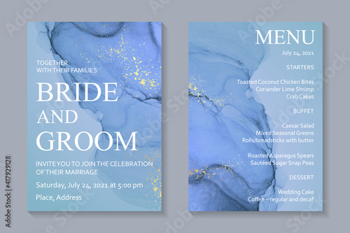Modern abstract luxury wedding invitation design or card templates for birthday greeting or certificate or cover with blue watercolor waves or fluid art in alcohol ink style with golden glitter.