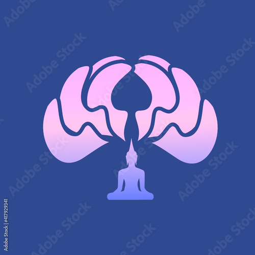 Yoga, meditation, spa concept.Buddha silhouette shape and blooming lotus flower.Light purple gradient color logo isolated on dark background.Spiritual icon.