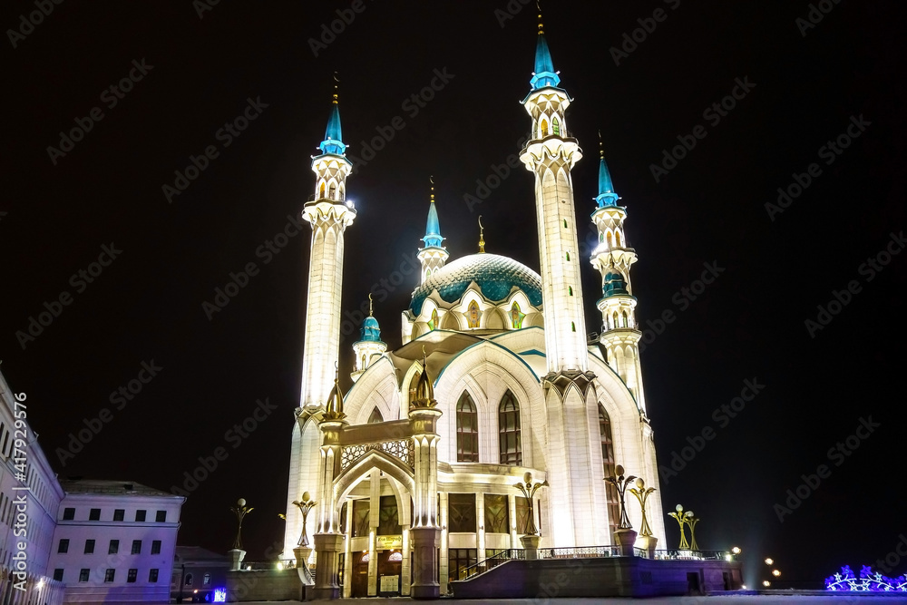 Winter night embraces Mosque of Kul Sharif. Inside of Kremlin historical complex, Kazan, Russia