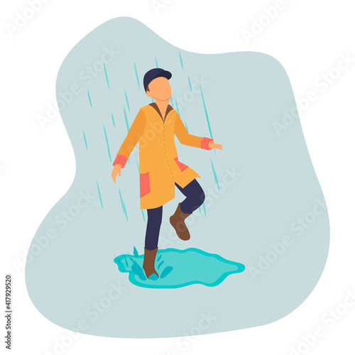 Cute boy character in rubber boots jumping in a puddle in the rain vector illustration