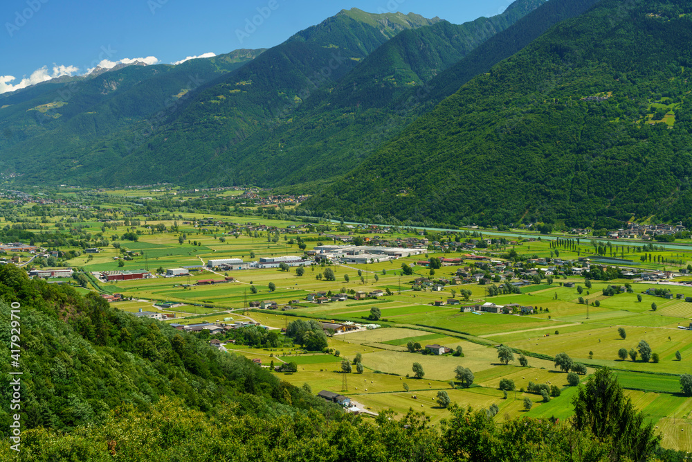 Panoramic view of Valtellina from Ardenno at summer