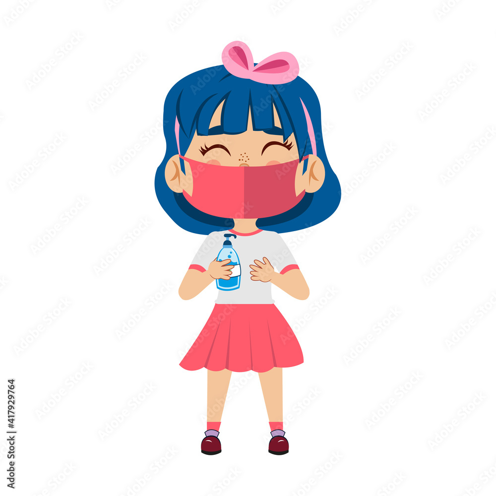 Girl with antibacterial gel and face mask - Vector