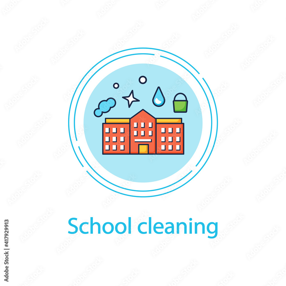 School cleaning concept line icon. Cleanup rooms. Classroom disinfection. Safety space and preventative measures. Cleaning service concept.Vector isolated conception metaphor illustration