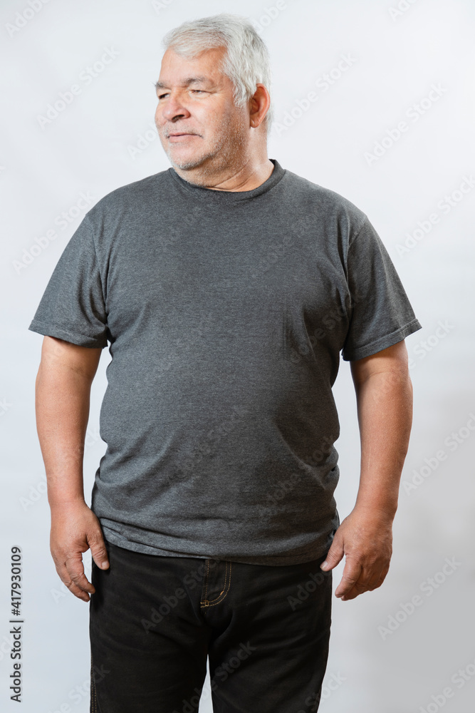 Fat man t-shirt mockup -gray t-shirt mockup on elderly man - front side  Stock Photo | Adobe Stock