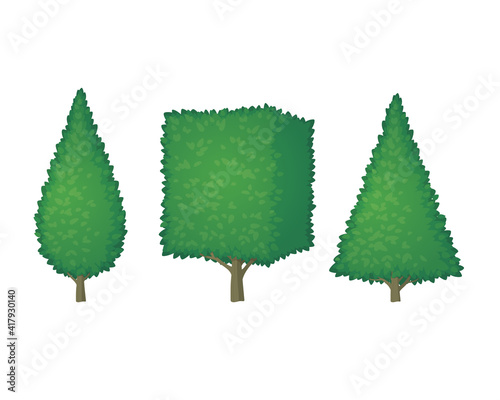 Collection of trimmed trees with lush green foliage isolated on a white background. Geometric shapes. Garden, park decoration. Vector illustration. Topiary design.