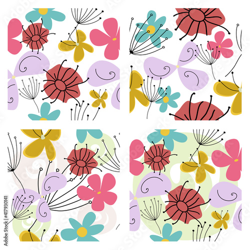 Wallpaper Mural Set of four seamless vector patterns with flowers in different styles. Floral hand drawn flat vector illustration for postcards and design. Torontodigital.ca
