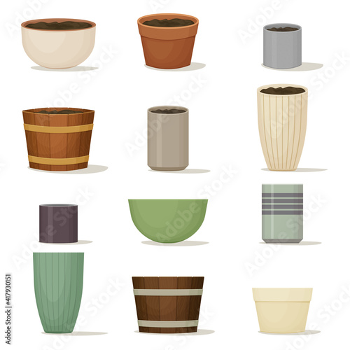 Collection of flower pots. Terracotta, ceramic and wooden planters of various shapes and colors. Interior design. Indoor or garden decoration. Vector illustration. © Tatiana Zhzhenova