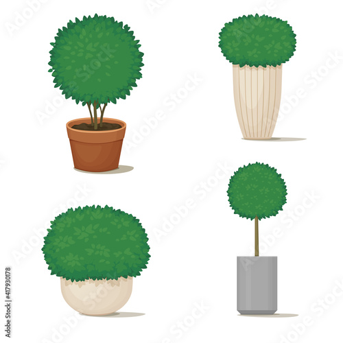 Set of trimmed bushes with lush green foliage. Ornamental potted plants for indoor, park or garden decoration. Vector illustration. Summer, spring icon. Topiary design.