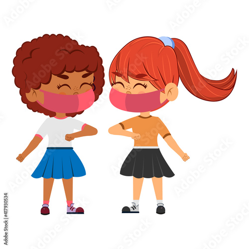 Children waving elbow and wearing masks - Vector