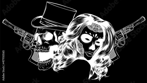 Vector illustration silhouette gangster with gun and woman