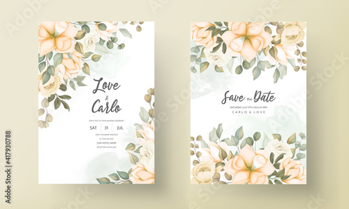 Modern wedding invitation card with beautiful flowers