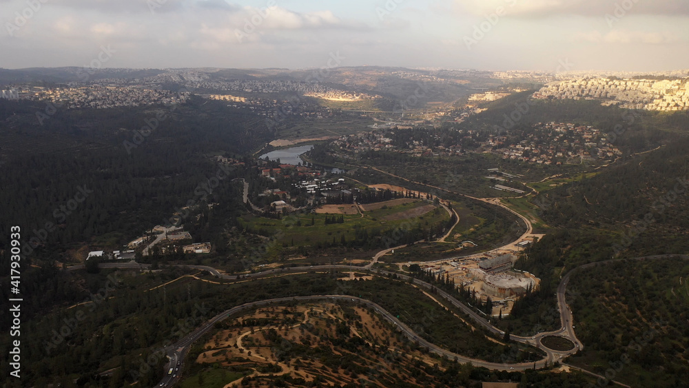 Jerusalem Mountains at sunset with beit Zait Dam
drone view from Jerusalem with sunset
