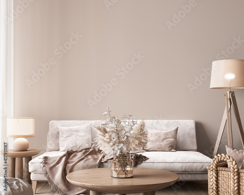 Mock up wall in modern interior background, neutral wooden living room with dried plant and home decor, 3d render