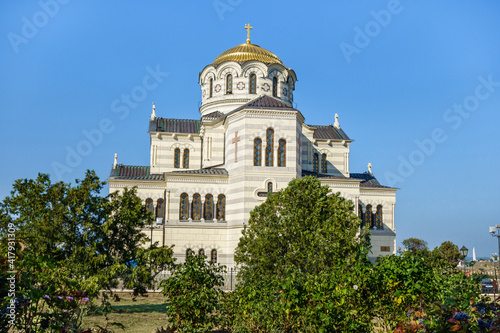 Chersonesus Cathedral of Saint Vladimir Cathedral as it looks from street side, Sevastopol, Crimea. It's built nearby suggested place of baptism of Vladimir The Great in 988