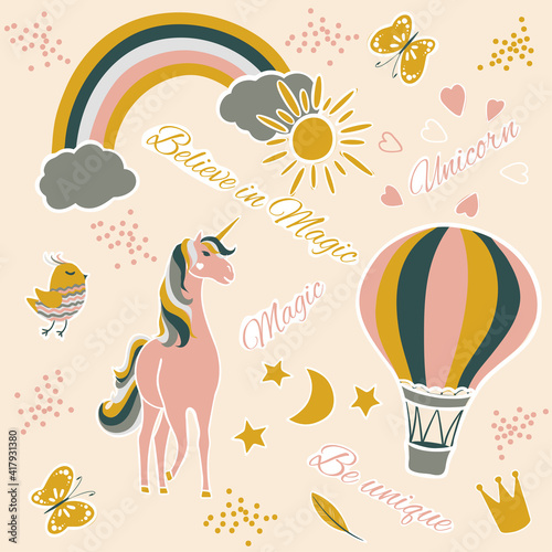 vector set of a cute design elements, unicorn, rainbow, hot air balloon. children's poster with fairytale animals. Cartoon background with unicorn. scrapbooking stickers with hand written phrases