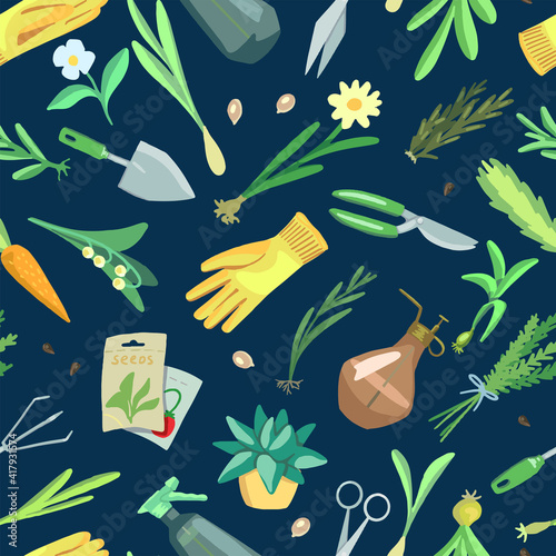 Gardening theme, tools, potted plants. Hand drawn vector seamless pattern. Spring season cartoon ornament in bright colored. Design for fabric, textile, wallpaper, background, print, decor, wrap, card