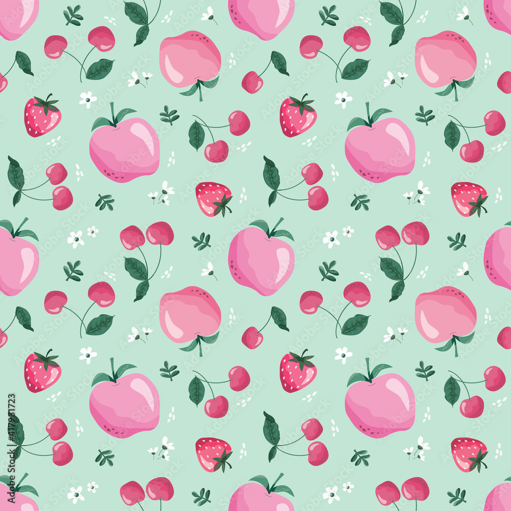Summer seamless pattern with fruits, berries and blossom. Sweet cartoon background for textile, fabric, decorative paper. Raster Summer seamless pattern with fruits, berries and blossom. Sweet cartoon background for textile, fabric, decorative paper. Raster