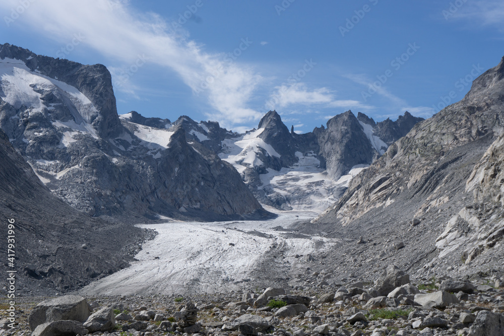 The peaks and glaciers of the Forno valley: a valley in the Engadine, near the village of Maloja, Switzerland - August 2020.