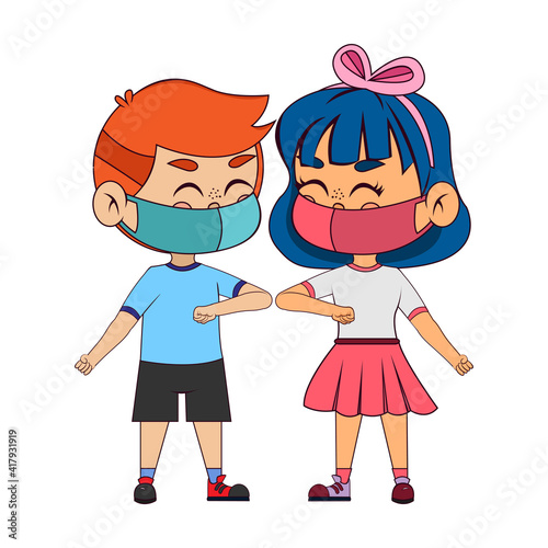 Children waving elbow and wearing masks - Vector