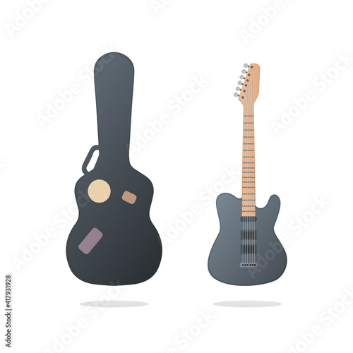 Electric guitar and case. Vector flat illustration. Isolated on white background.