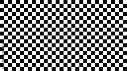 Chess cells background. Black squares with white texture geometric surface repeat monochrome mosaic with classic repeat and optical vector illusion.