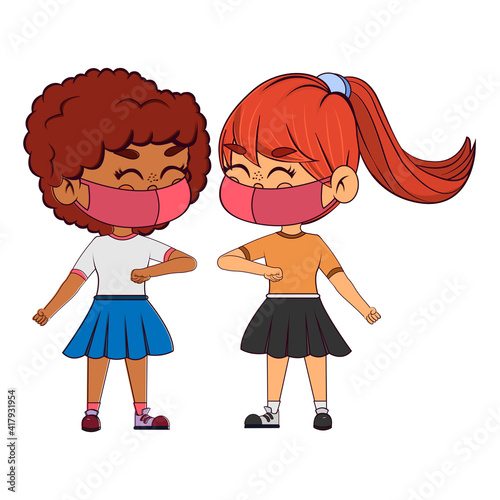 Children waving elbow and wearing masks - Vector
