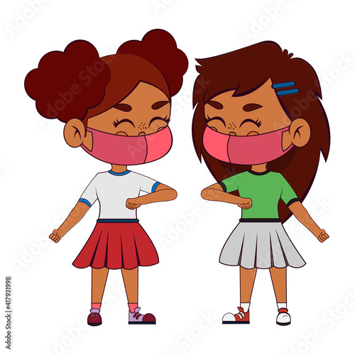 Children waving elbow and wearing masks - Vector