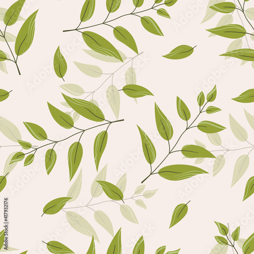 Floral seamless with hand drawn color leaves. Cute autumn background. Tropic green branches. Modern floral compositions. Fashion vector stock illustration for wallpaper, posters, fabric, textile