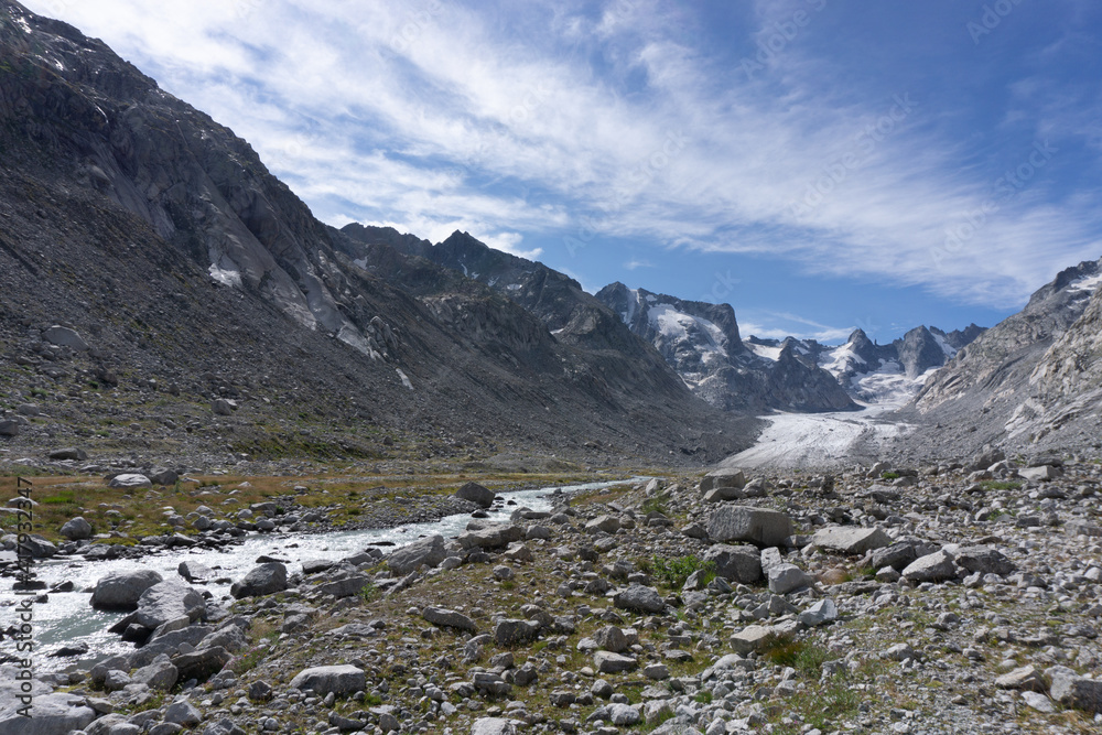 The peaks and glaciers of the Forno valley: a valley in the Engadine, near the village of Maloja, Switzerland - August 2020.
