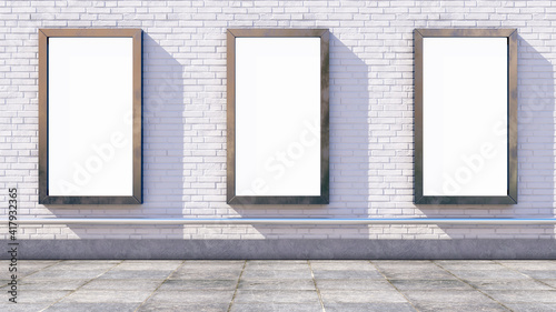 City light boxes on the white brick wall. 3d illustration