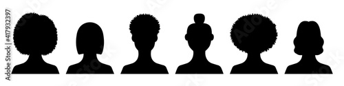 Black female avatars silhouettes set. Contour ink portraits girls with fashionable hairstyles various nationalities for social networks and personal vector accounts.