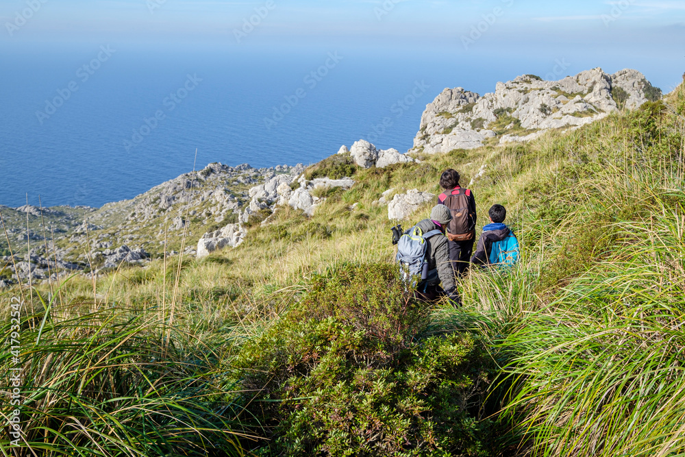 walkers in Coll des Vent, Mortix, Escorca, Mallorca, Balearic Islands, Spain