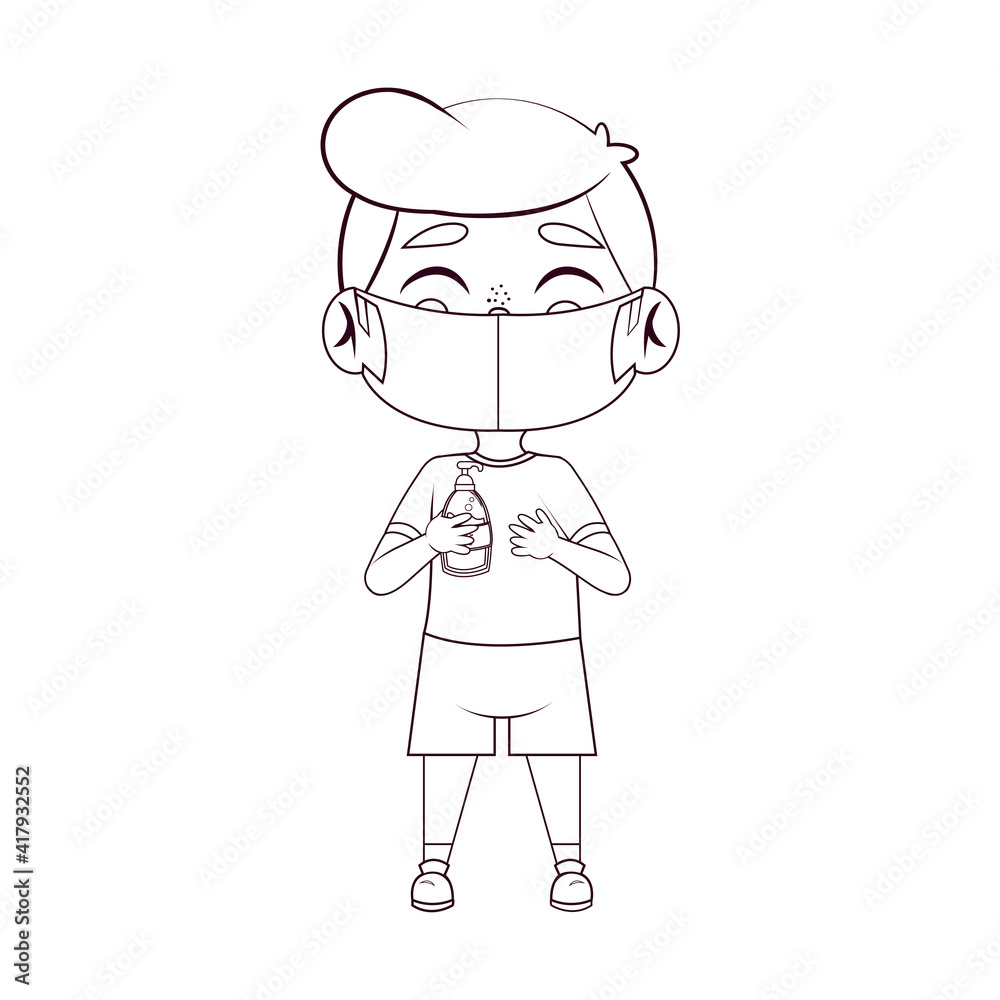 Boy with antibacterial gel and face mask - Vector Boy with antibacterial gel and face mask - Vector