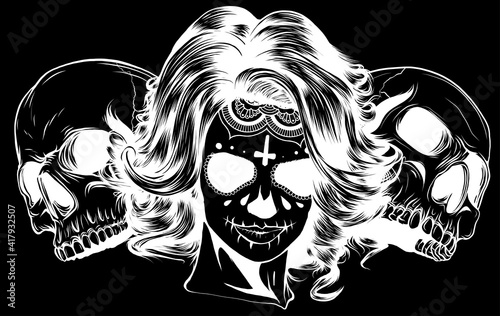 silhouette Dead girl with two sugar skulls. vector