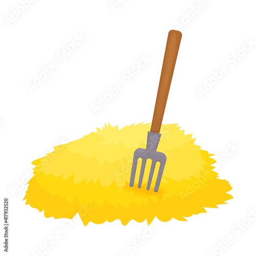 Haystack with fork isolated on white background in cartoon style stock vector illustration. Bale of hay, wheat pile, harvest, countryside. 