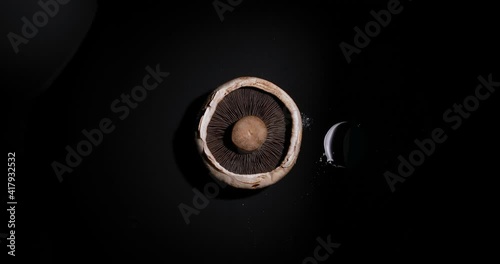 Portobello mushroom rotating on black background
