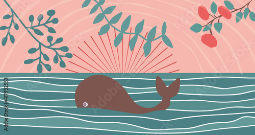 Whale in the ocean in sunrise boho style illustration
