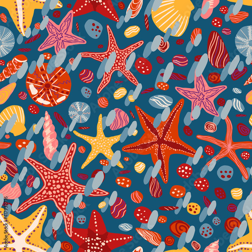 Starfishes, shells and stones flat hand drawn vector seamless pattern. Colorful wallpaper in scandinavian style. Summer sea background. Abstract design for prints, wrap, textile, fabric, decor, cards.