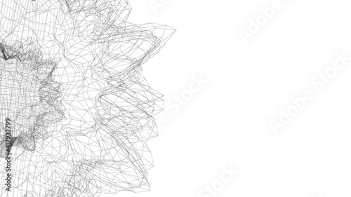 Abstract flower from polygonal mesh. Monochrome outline blossoming chrysanthemum black wire simulation geometric decoration in digital techno vector style.