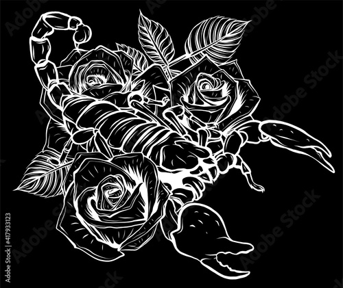 silhouette of scorpion with roses vector illustration