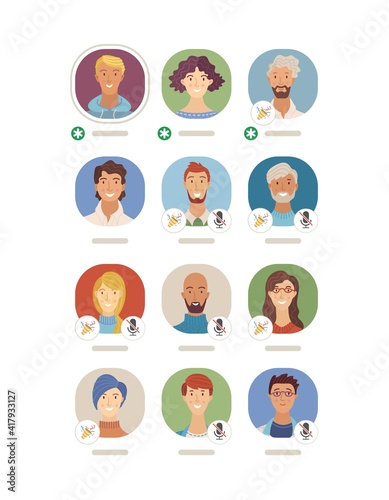 Interface of Clubhouse app vector template. Women and men flat avatars. Audio chat conversation. Voice social networking application. Podcast, online live stream. Diversity of speakers and listeners