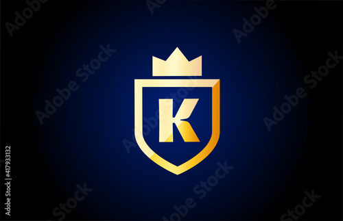 gold K alphabet letter logo icon. Design for business and company identity with shield and king crown
