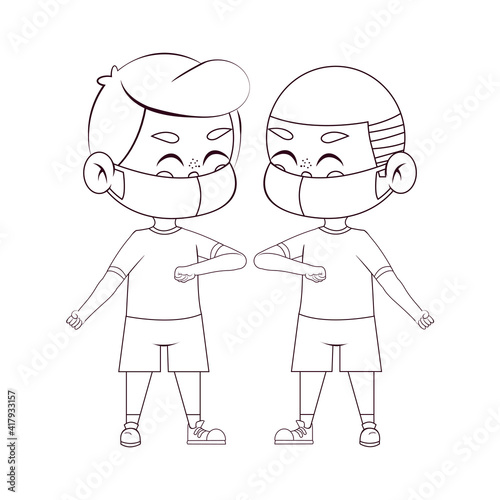 Children waving elbow and wearing masks - Vector