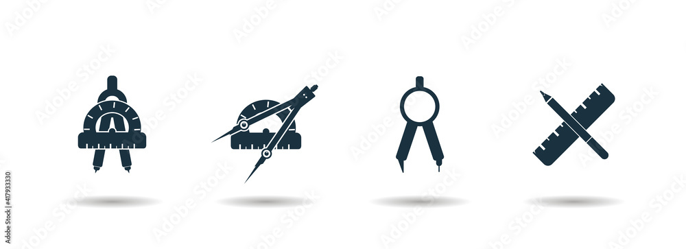 geometric instrument icon set. compass with pencil simple black icon