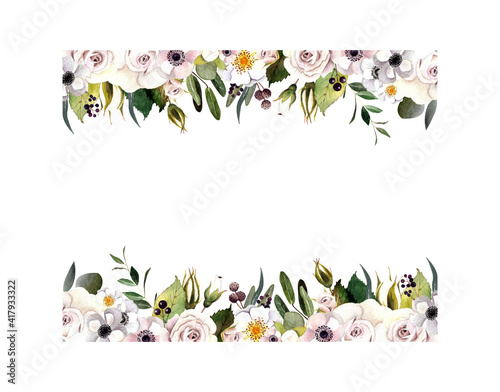 Frame with flowers and leaves on white background. Waterclolor floral illustration.