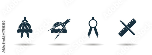 geometric instrument icon set. compass with pencil simple black icon