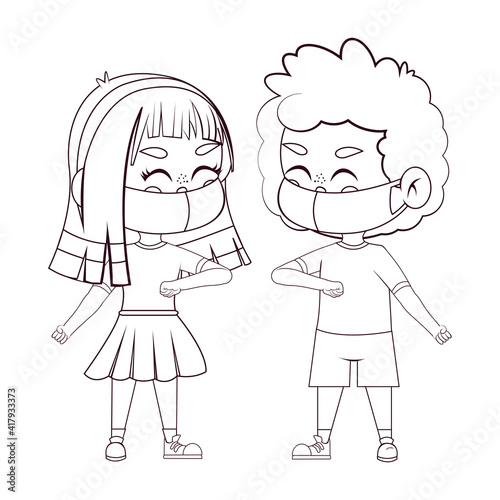 Children waving elbow and wearing masks - Vector